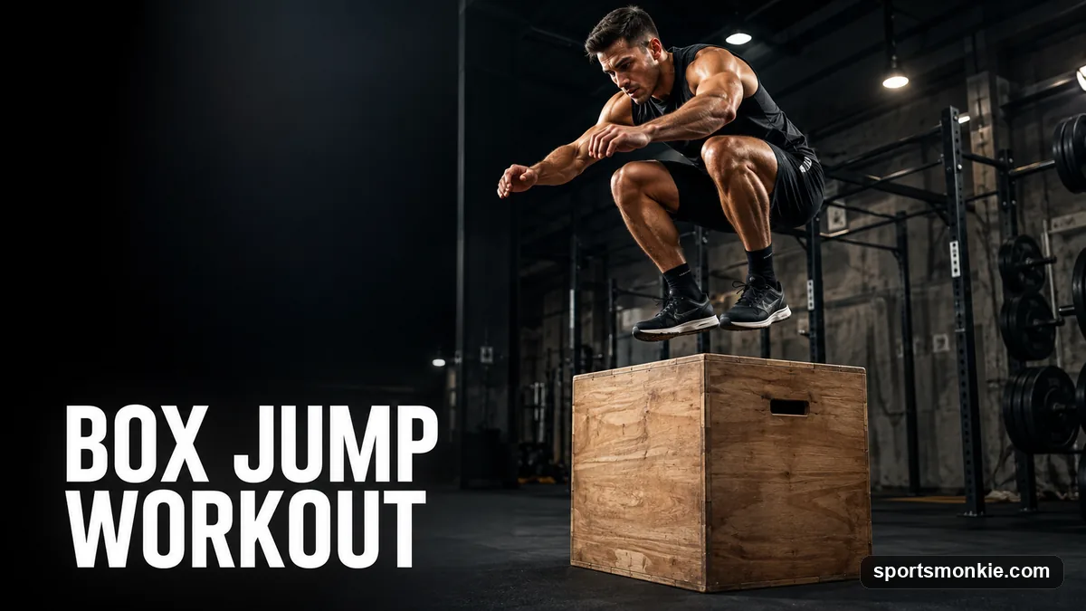 An athlete landing in a controlled quarter-squat on top of a plyometric box during a box jump workout