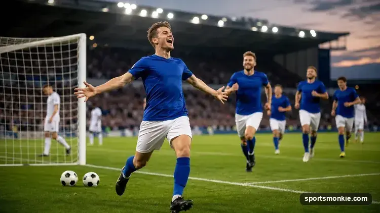 A soccer player celebrating after scoring, ball in mid-air, representing a brace (two goals in a match)