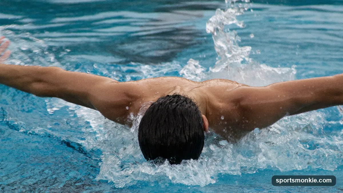 Swimmer performing breaststroke, arms swept wide and head lifted for a breath during the pull phase