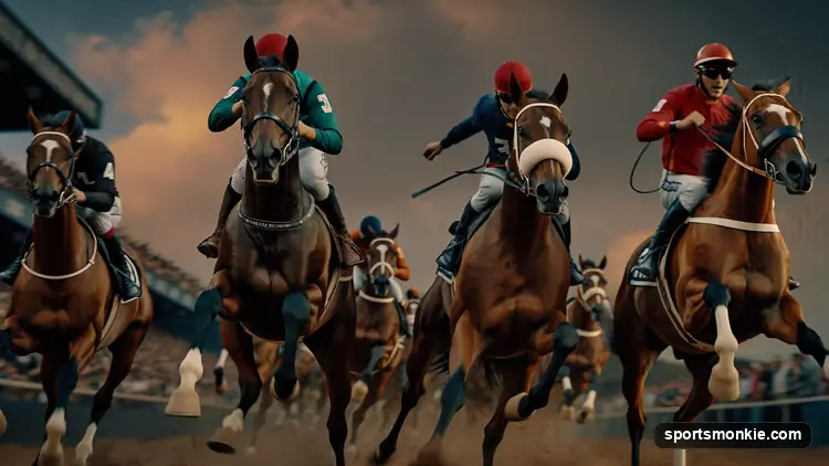 Thoroughbred racehorses competing during a Breeders' Cup championship race
