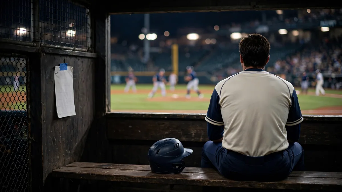 A generic baseball player in his mid-30s seen from behind sitting alone on a dugout bench at night with his batting helmet beside him and a lineup card on the wall, editorial graphic