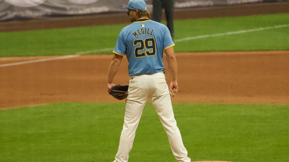File photo from June 2025: Brewers closer Trevor Megill on the mound. It was not taken at Friday's World Series game. Licensed under CC0 1.0.