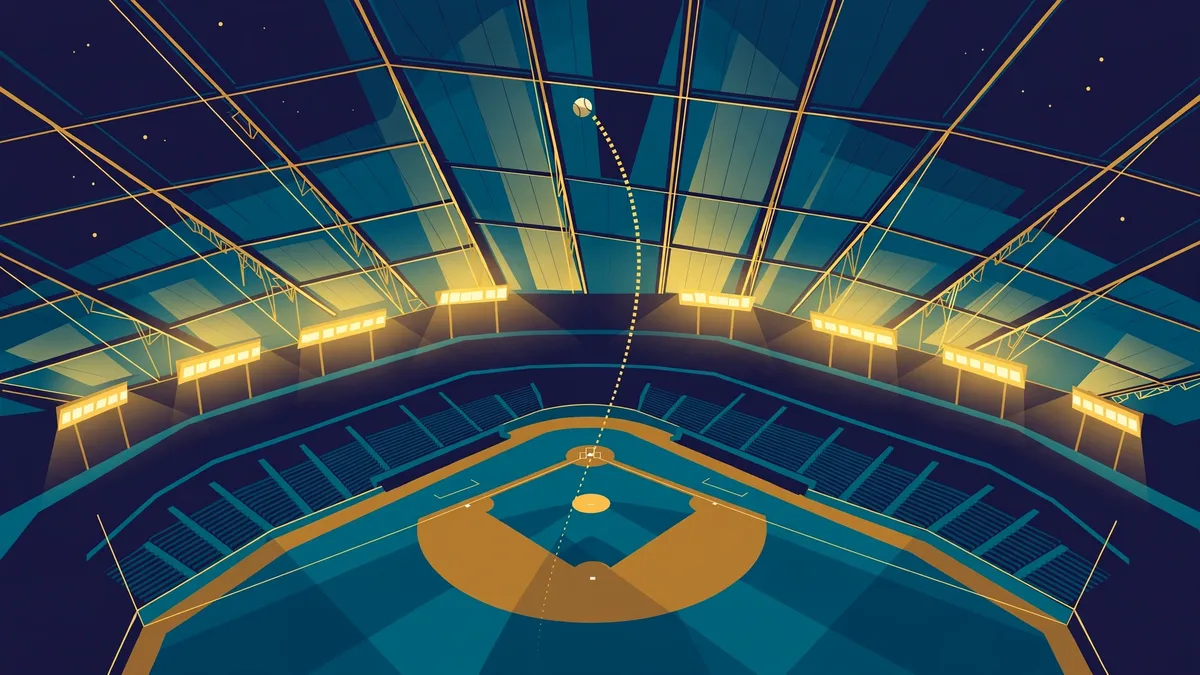Domed baseball stadium interior at night with a fly ball arcing toward the roof cables, editorial graphic for Brewers vs Padres NLDS Game 1