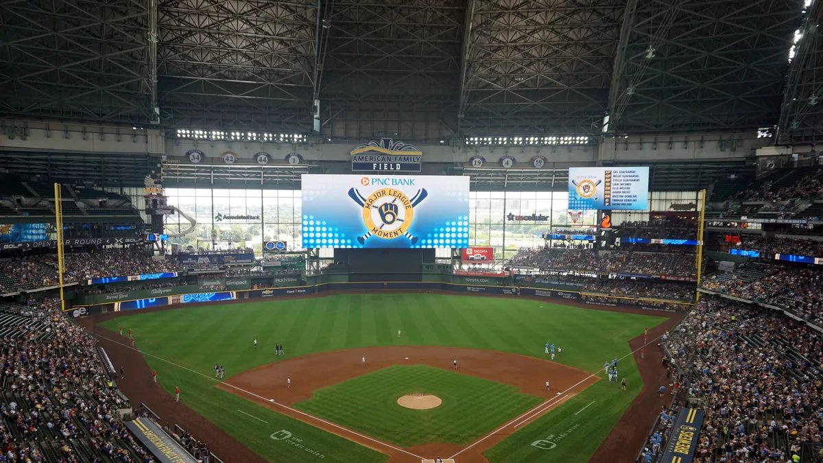 File photo from August 2024: American Family Field in Milwaukee before a Brewers game, showing the field and the seating bowl. It is a file photo and does not show the World Series or any Timeless Ticket seat.