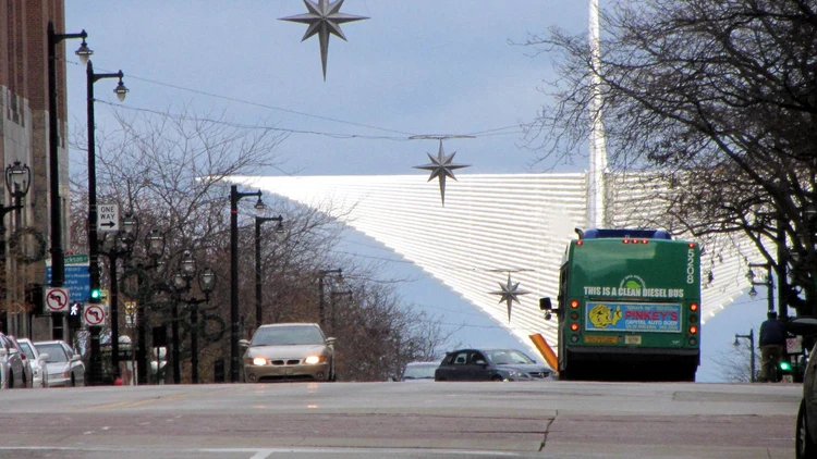 File photo from 20 November 2011: Wisconsin Avenue in downtown Milwaukee, looking toward the Milwaukee Art Museum's white wings. It was not taken at the 2026 World Series parade.