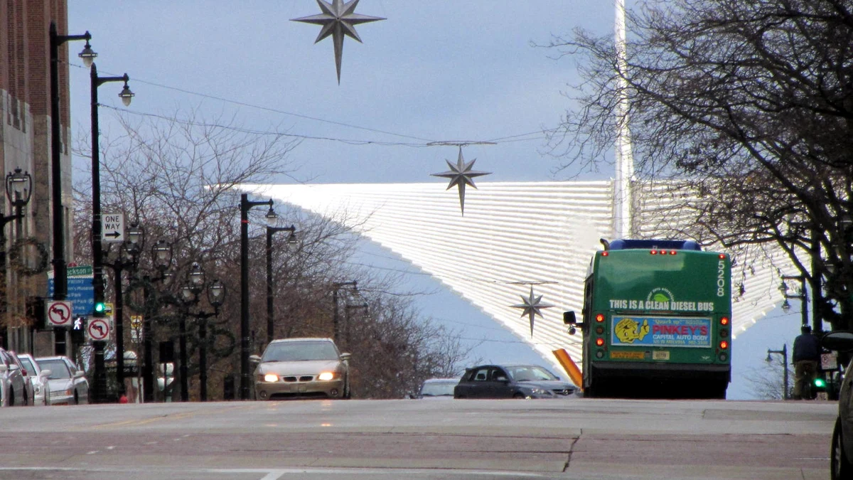 File photo from 20 November 2011: Wisconsin Avenue in downtown Milwaukee, looking toward the Milwaukee Art Museum's white wings. It was not taken at the 2026 World Series parade.