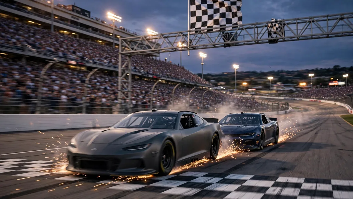 Two generic unbranded stock cars side by side crossing a chequered finish line at a large oval speedway at dusk with sparks flying and a packed grandstand behind, editorial graphic