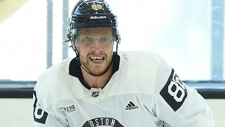 File photo: David Pastrnak at Boston Bruins practice on September 14, 2019. This is not a photo from the October 24, 2026 game against San Jose.