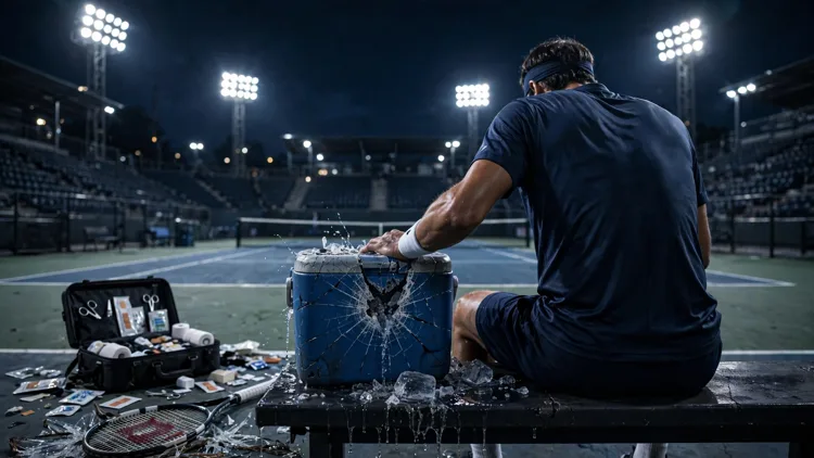 A generic tennis player seen from behind at a courtside bench at night, a smashed racket on the court beside him and his hand pressed to a cracked courtside drinks cooler, editorial graphic