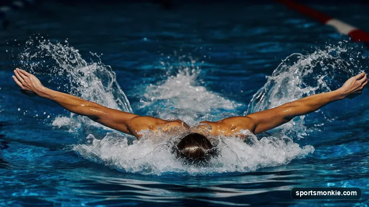 Swimmer performing the butterfly stroke with arms sweeping wide over the water and chest pressed into an undulating dolphin kick
