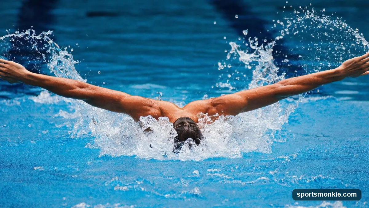 Swimmer performing the butterfly stroke with arms recovering over the water and body undulating