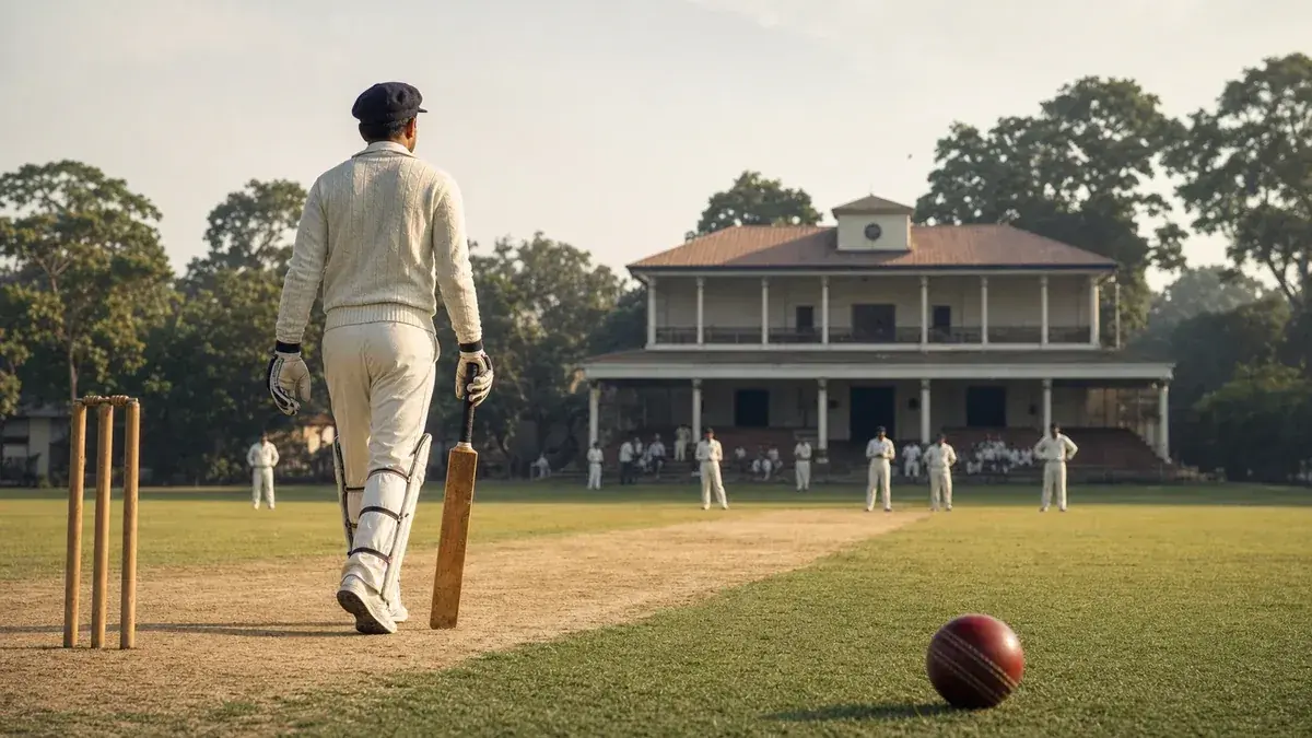 A vintage-style cricket bat and ball on a classic pitch, representing early Indian cricket history