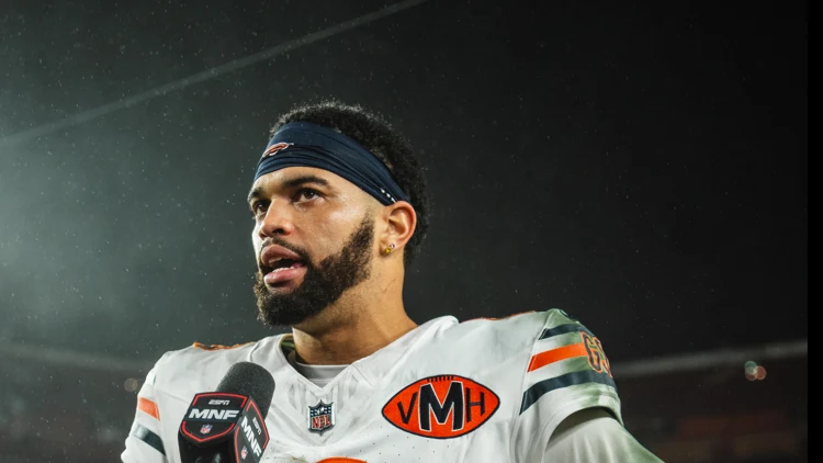 File photo of Caleb Williams in a Bears jersey during a 2025 Monday Night Football interview. It was not taken at the Week 6 game in Atlanta and does not show the Caddix cleats.