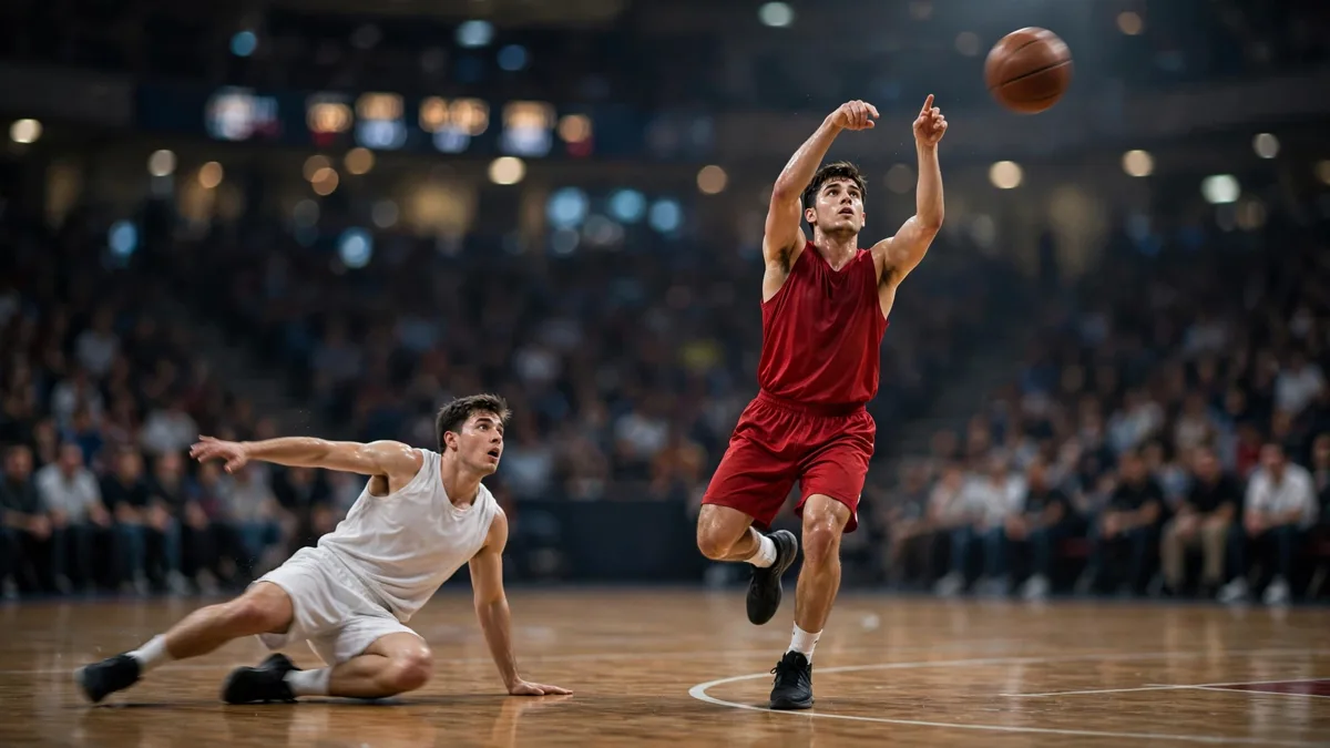 A generic young basketball player in a plain red unbranded uniform releasing a shot as a defender in a plain white unbranded uniform falls to the court beside him, editorial graphic