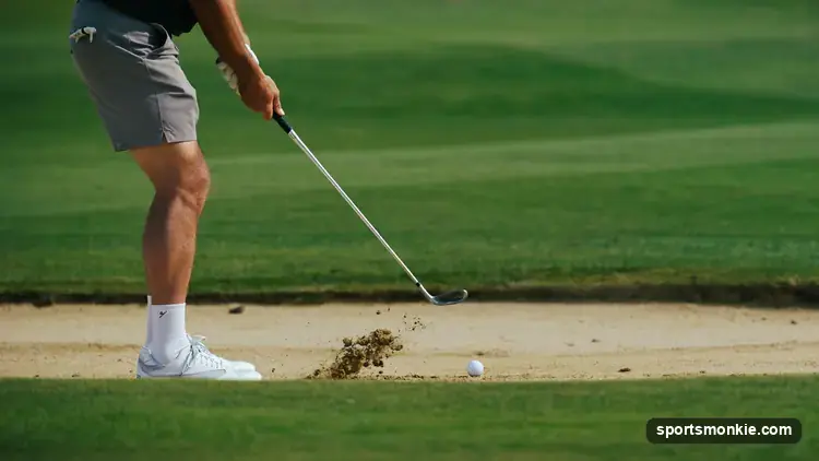 A golfer addressing a ball in a greenside bunker with the clubhead hovering above the sand