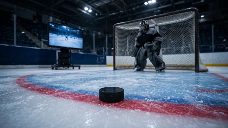A hockey puck resting on a goal line in front of a referee's video review monitor glowing at the boards of an arena, with a goaltender watching from the crease, editorial graphic