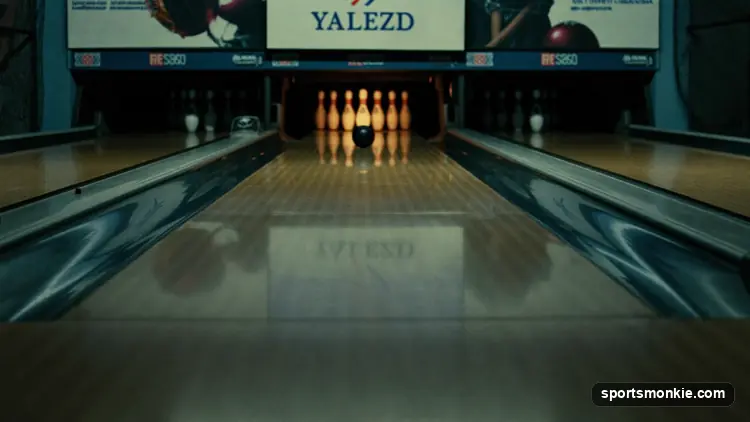 Candlepin bowling lane with tall thin pins and a small handheld ball