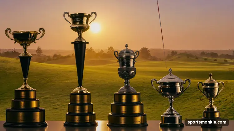 Four golf major trophies displayed together representing the career grand slam