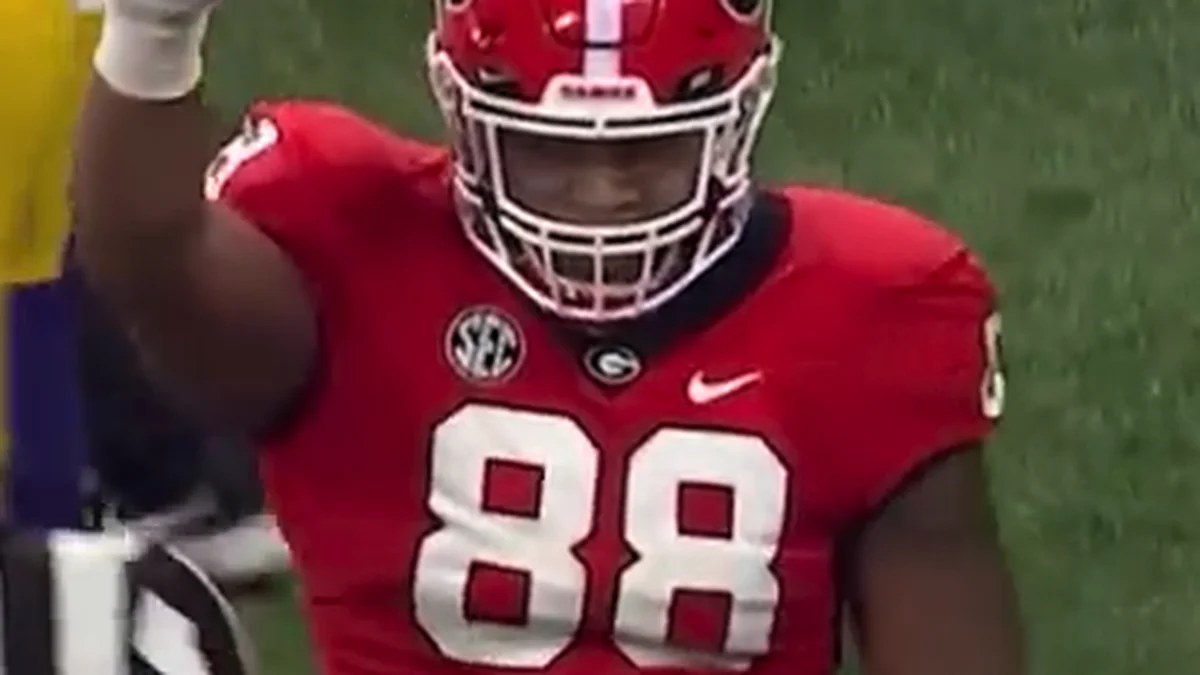 File photo from 2022: Jalen Carter in his Georgia Bulldogs No. 88 jersey and red helmet. It was not taken at Monday night's Eagles-Cowboys game.