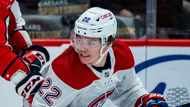 File photo from November 24, 2021: Cole Caufield playing for the Montreal Canadiens. It does not show Tuesday's game against San Jose. The cropped 16:9 derivative is offered under the same CC BY-SA 2.0 licence as the original.