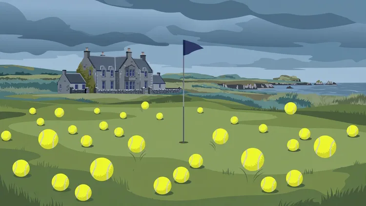 Historic links golf course green scattered with bright yellow tennis balls under a moody Scottish sky, editorial graphic for the Dunhill Links protest