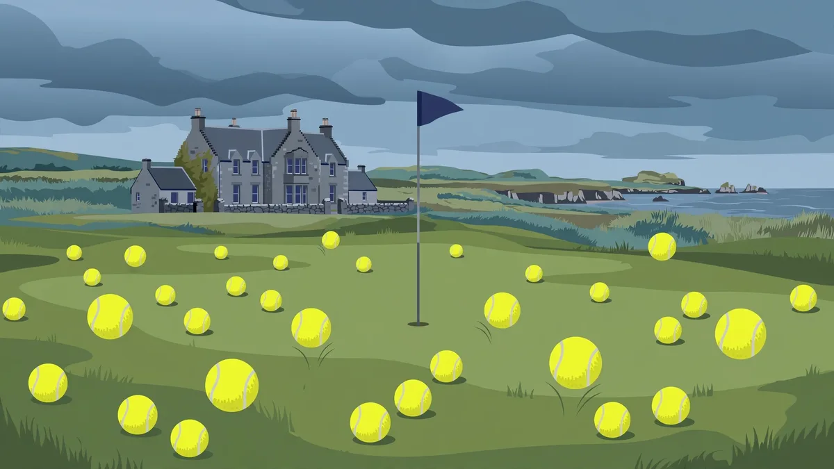 Historic links golf course green scattered with bright yellow tennis balls under a moody Scottish sky, editorial graphic for the Dunhill Links protest