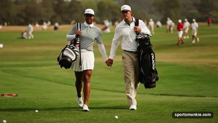 Two golfers as playing partners walking a fairway together during a pairs match