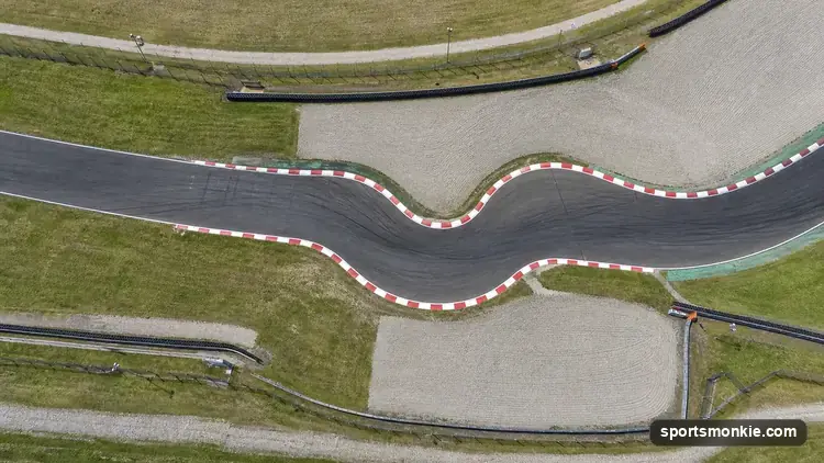 Overhead view of a tight S-shaped chicane section of a racetrack with red-and-white kerbs, empty track, no cars