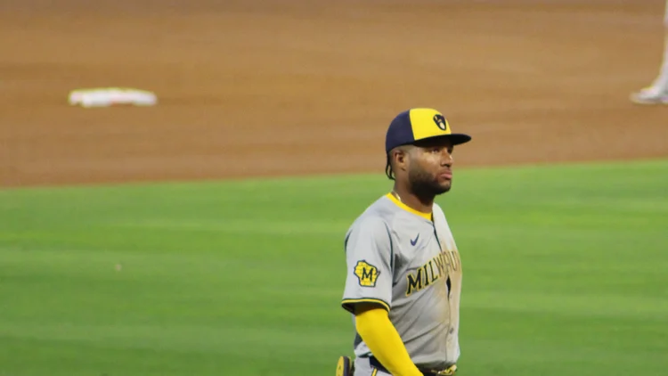 File photo from 18 June 2024: Jackson Chourio in right field for the Milwaukee Brewers at Angel Stadium in Anaheim. It was not taken at the World Series and does not show the record-tying double.