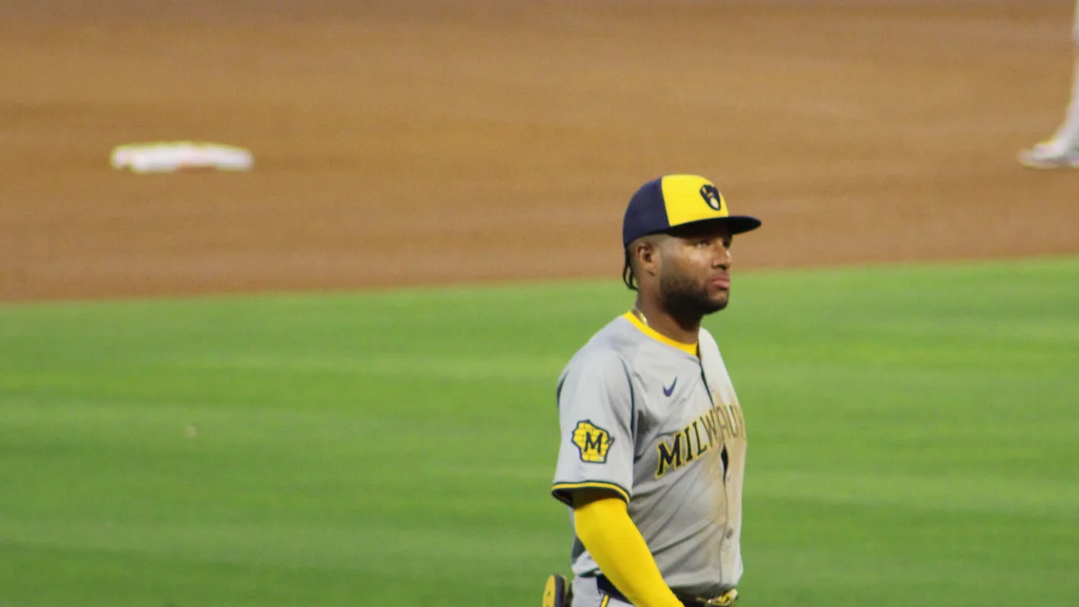 File photo from 18 June 2024: Jackson Chourio in right field for the Milwaukee Brewers at Angel Stadium in Anaheim. It was not taken at the World Series and does not show the record-tying double.