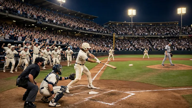 A young outfielder lining a pitch up the middle in the bottom of the ninth with the bases loaded as teammates pour out of the dugout, editorial graphic