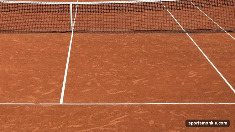 Aerial view of an ochre red clay tennis court with hand-painted white lines and visible ball marks near the baseline