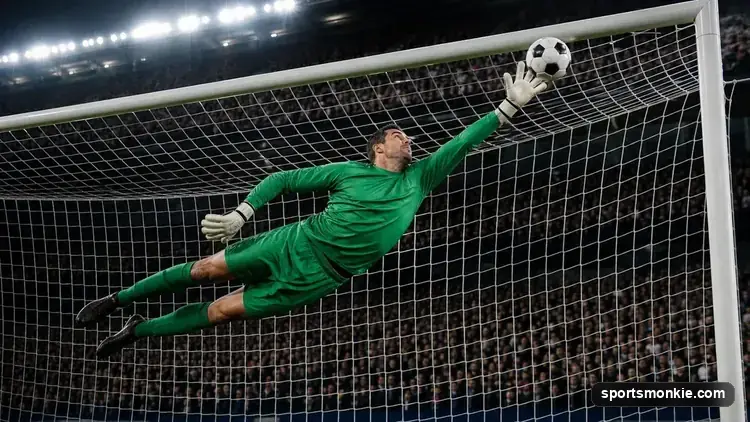 A goalkeeper making a confident diving save, representing a clean sheet in a soccer match