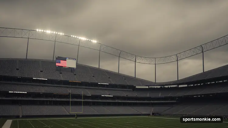 Empty American football stadium with brown and orange seats under a cloudy sky