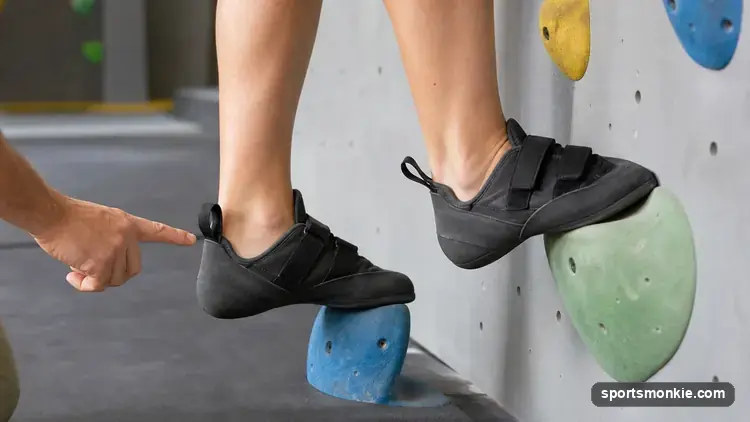 Flat, neutral-profile beginner climbing shoes on a bouldering gym mat