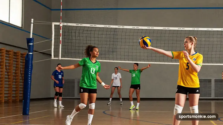 Youth club volleyball team huddling on an indoor court during a tournament