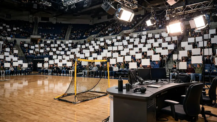 A television pregame show desk on a basketball court inside a college arena, with fans holding blank signs in the stands and a small kicking-contest net on the hardwood, editorial graphic