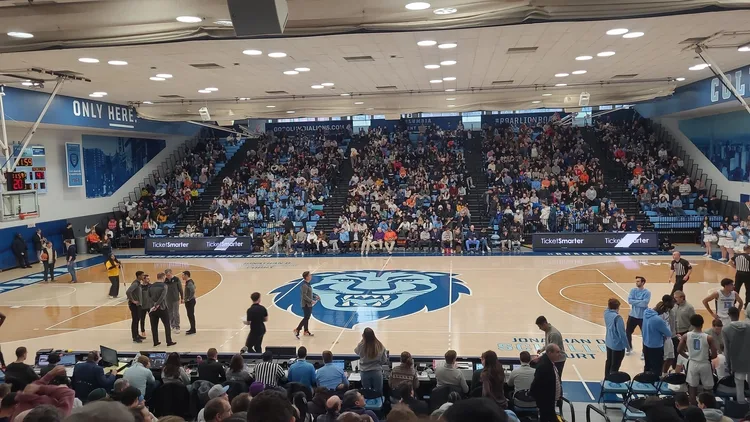 File photo from 20 January 2024: Levien Gymnasium during a timeout, Columbia's home court with the Lions logo at centre court. It does not show Megan Griffith or any game she will miss.