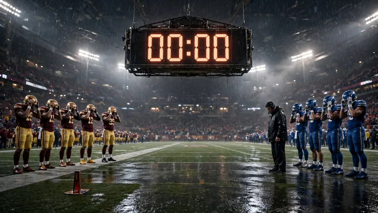 A generic American football stadium clock showing triple zeros at the end of overtime above players in burgundy-and-gold and blue uniforms standing in disbelief, with an unused kicking tee on the sideline, editorial graphic