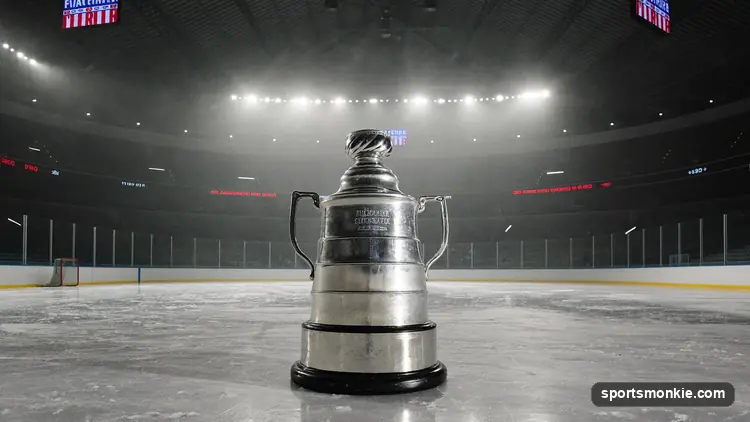 Silver NHL playoff MVP trophy on an ice rink