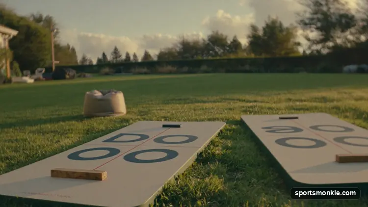Cornhole distance diagram: two boards 27 feet apart with regulation dimensions labeled