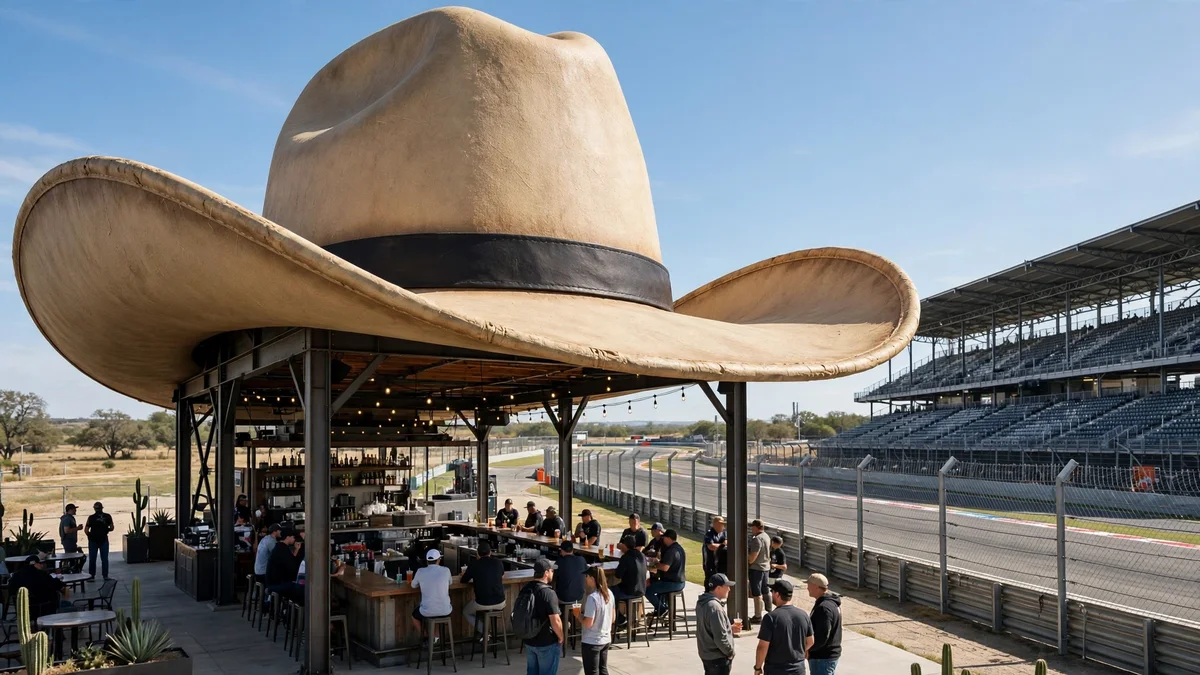 AI-generated illustration: a giant tan cowboy hat with a dark band shelters an open-air bar beside a Formula 1 circuit grandstand, with generic fans gathered in its shade. It illustrates the scale of the structure COTA unveiled; it is not a photograph of the actual hat.