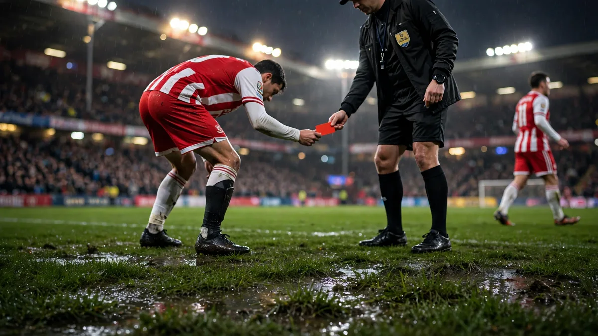 A generic footballer in a red and white striped kit bending to hand a red card back to a referee on a wet floodlit pitch while a team-mate walks away, editorial graphic