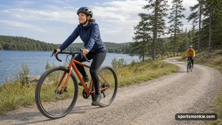 Beginner cyclist riding a hybrid bike on a paved path, wearing a helmet