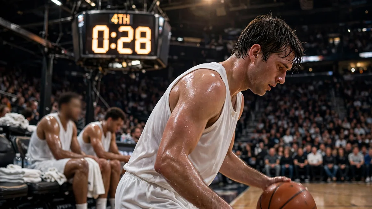 A generic basketball guard in a plain white jersey, exhausted and sweating, still dribbling late in a game in a packed arena with a nearly empty bench and a glowing game clock behind him, editorial graphic