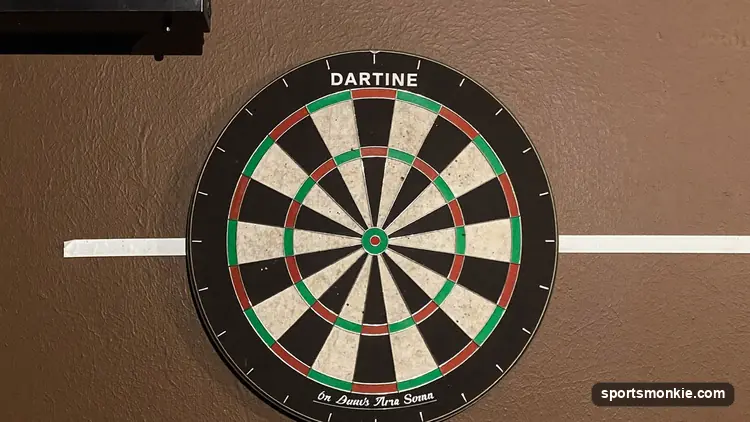 Dart board setup showing 5 ft 8 in bullseye height and 7 ft 9.25 in oche distance