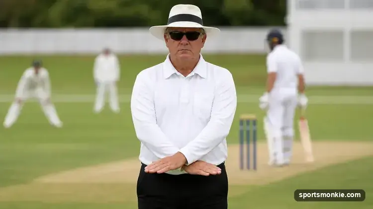 A cricket umpire signaling dead ball on the pitch