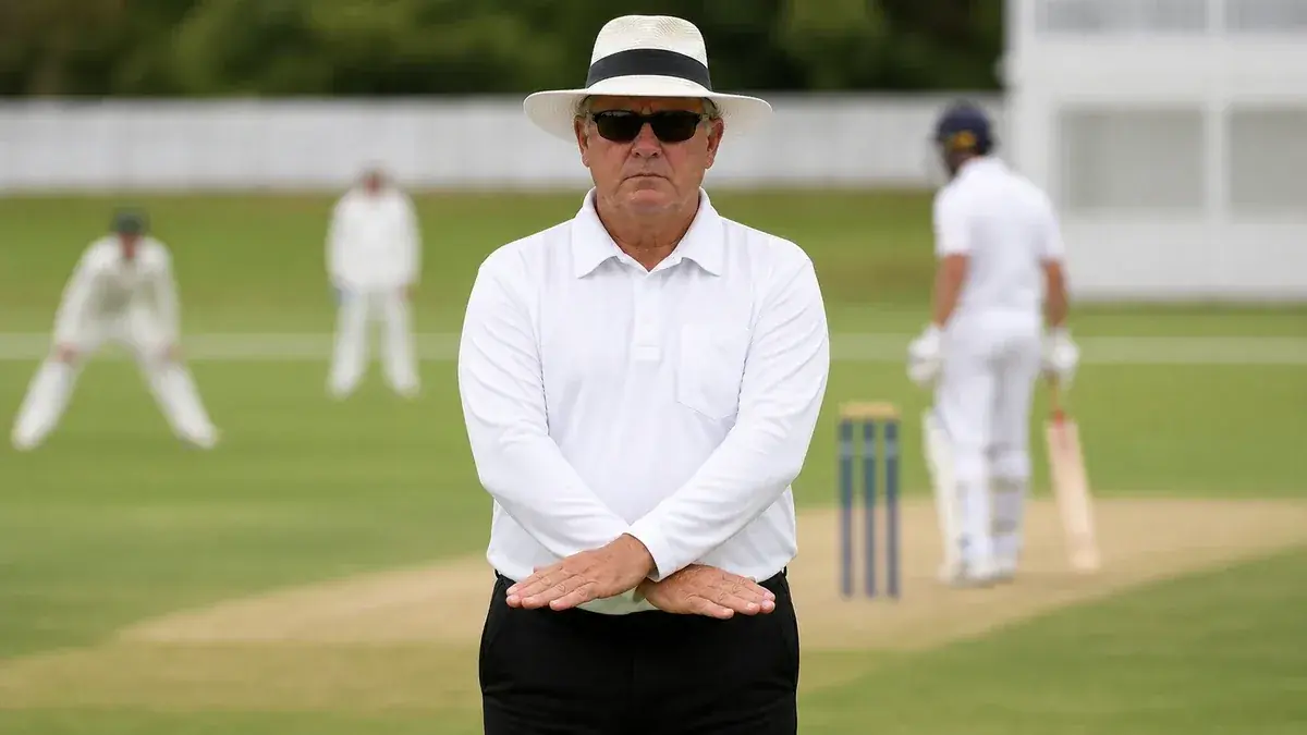 A cricket umpire signaling dead ball on the pitch