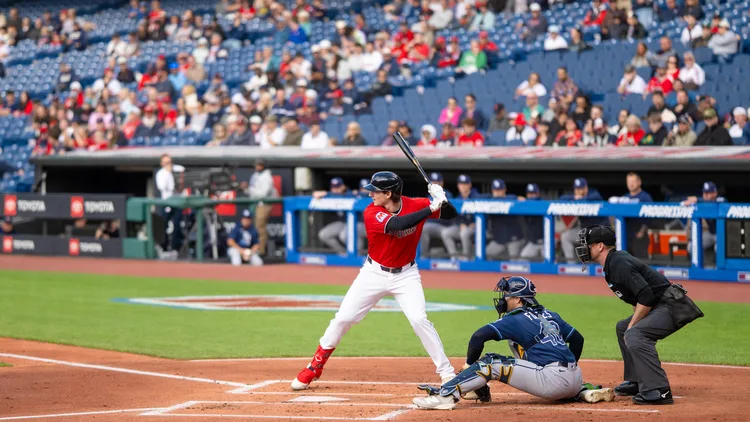 File photo from 28 April 2026: Chase DeLauter of the Cleveland Guardians. It does not show ALCS Game 4 or the seventh-inning error. The 16:9 cropped derivative is offered under the same CC BY 4.0 licence.