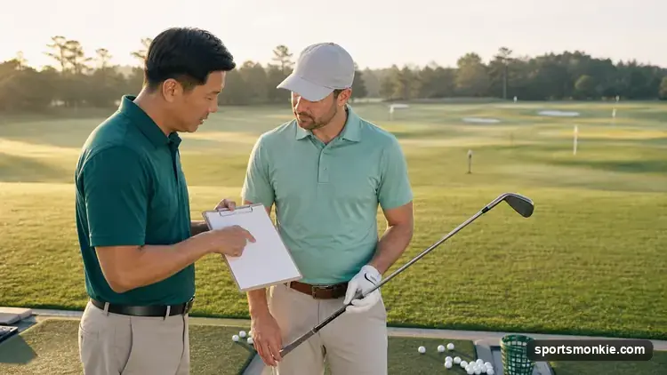 Golfer checking a scorecard and GHIN handicap app on a course under the World Handicap System